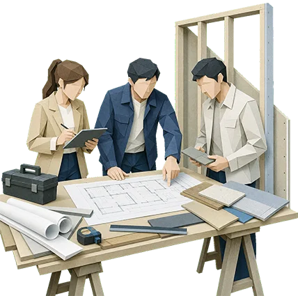 図面を囲んで打ち合わせをする社員