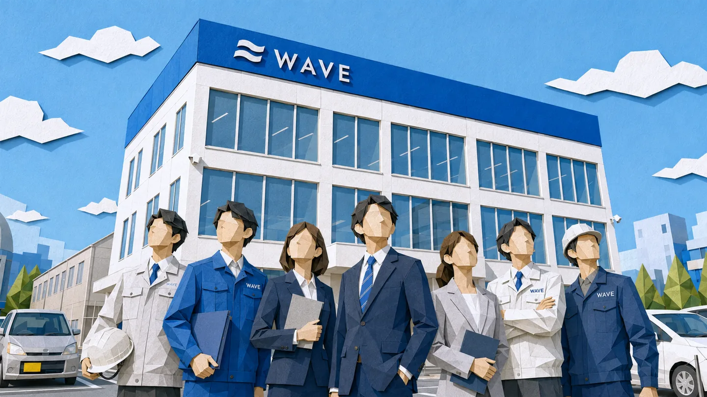 ウェーブ本社の前に集まる社員